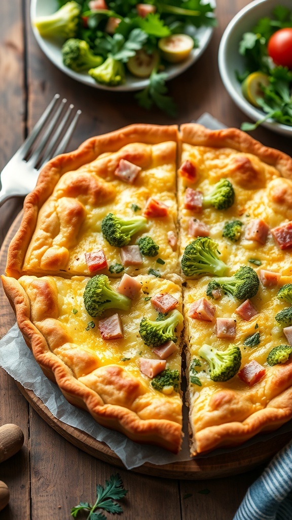 Ham and Broccoli Cheese Quiche Recipe A slice of ham and broccoli cheese quiche with a golden crust and green broccoli, served on a wooden table with a fork.